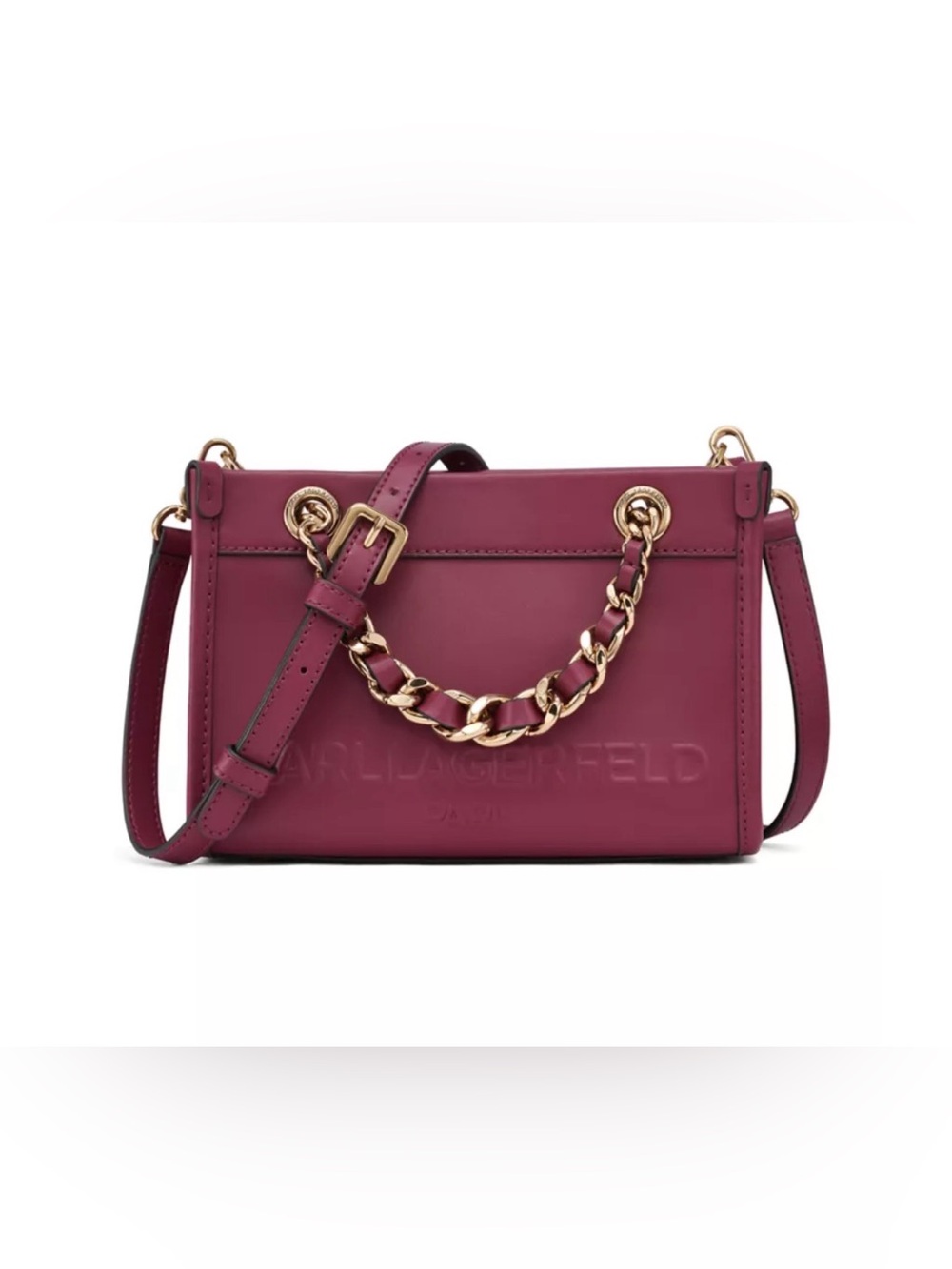 NWT Karl Lagerfeld Wine Magenta Leather Savoie Crossbody with Gold Chain